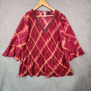 Catherines‎ Top Womens Size 2XW Petite Accordian Pleated Shirt Red Plaid Flare